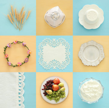 Top view collage image of dairy products and fruits. Symbols of jewish holiday - Shavuot.