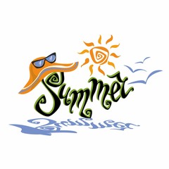 Summer. Lettering.  Greeting. Sun, seagulls. Sun hat and sunglasses. Design concept for tourism. Vector.