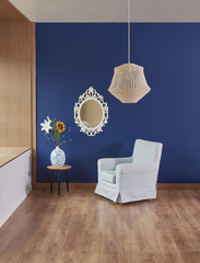 dark blue details modern home corner style. blue background wall and wicker lamp decor.