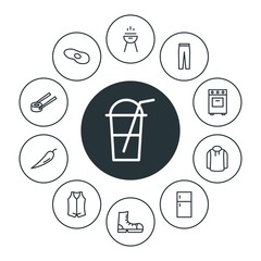 food, clothes, drinks Infographic Circle outline Icons Set. Contains such Icons as winter,  home,  fish,  kitchen,  meal,  spicy, ice, vest,  sweater,  modern and more. Fully Editable. Pixel Perfect