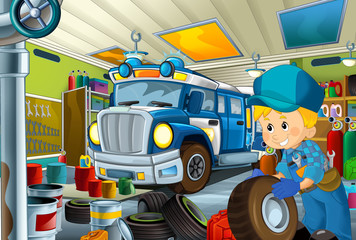 cartoon scene with garage mechanic working repearing some vehicle - police car - or cleaning work place - illustration for children