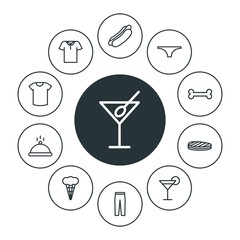 food, clothes, drinks Infographic Circle outline Icons Set. Contains such Icons as  restaurant,  anatomy,  lunch,  glass,  wine, template, food,  bread, pants and more. Fully Editable. Pixel Perfect