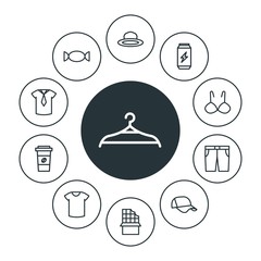 food, clothes, drinks Infographic Circle outline Icons Set. Contains such Icons as  candy, sugar,  container, hanger,  style,  dessert, hat,  hook,  closet, cap and more. Fully Editable. Pixel Perfect