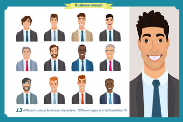 Business men flat avatars set with smiling face. Men in suits.Team icons collection.Isolated vector illustration on white in cartoon.Peoples faces, boy, person.Male characters.businessman.