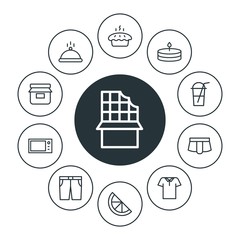 food, clothes, drinks Infographic Circle outline Icons Set. Contains such Icons as  pocket,  t-shirt,  celebration,  lunch,  coffee,  cake,  dessert,  drink and more. Fully Editable. Pixel Perfect