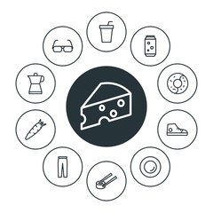 food, clothes, drinks Infographic Circle outline Icons Set. Contains such Icons as  dinner,  white, fresh,  healthy,  slice,  shoes,  fish,  seafood, sushi and more. Fully Editable. Pixel Perfect