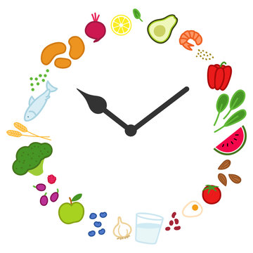 Kreis mit Icons von gesunden frischen Lebensmitteln mit Uhrzeiger. Di&auml;t und gesunde Ern&auml;hrung rund um die Uhr. Ern&auml;hrungsplan zum Abnehmen