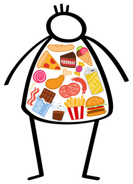 Strichm&auml;nnchen, &uuml;bergewichtiger Mann, gef&uuml;llt mit ungesunden Lebensmitteln, Fast Food, S&uuml;&szlig;es. Konzeptionelle Abbildung f&uuml;r eine ungesunde Ern&auml;hrungsweise, falsche Ern&auml;hrung, Diabetes, Fettleibigkeit
