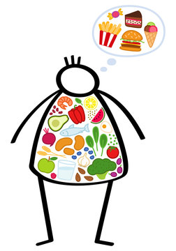 Einfaches Strichm&auml;nnchen, &uuml;bergewichtiger Mann, K&ouml;rper gef&uuml;llt mit gesunden Lebensmitteln, Hei&szlig;hunger auf Fettiges und S&uuml;&szlig;es. Konzeptionelle Grafik, Di&auml;t, gesunde und ausgewogene Ern&auml;hrung