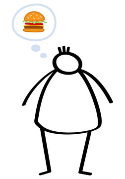 Strichmännchen, übergewichtiger Junge mit Heißhunger auf fettiges Essen. Mann denkt an Hamburger. Konzeptionelle Abbildung für Essstörung, Diabetes und Fettleibigkeit