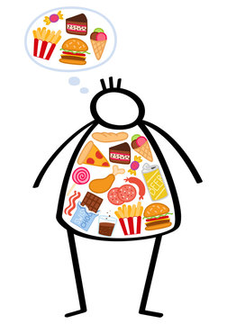Strichm&auml;nnchen, &uuml;bergewichtiger Mann, gef&uuml;llt mit ungesunden Lebensmitteln, Fast Food, Hunger, Fettsucht. Konzeptionelle Abbildung, ungesunde Ern&auml;hrungsweise, Diabetes, Fettleibigkeit