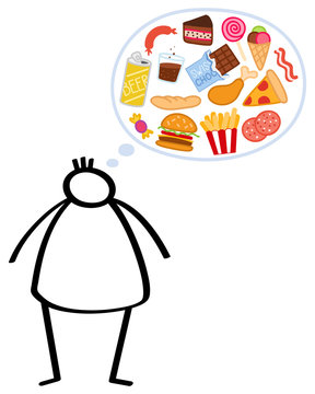 Strichm&auml;nnchen, &uuml;bergewichtiger Junge mit Hei&szlig;hunger auf fettiges und ungesundes Essen. Mann macht Fastenkur, will abnehmen. Konzeptionelle Abbildung f&uuml;r Essst&ouml;rung, Diabetes und Fettleibigkeit