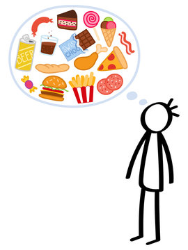Strichmännchen, schlanker Junge mit Heißhunger auf fettiges ungesundes Essen. Mann will fasten, denkt an Fast Food und Süßes. Konzeptionelle Abbildung, Heißhunger, Appetit, ungesunde Ernährungsweise