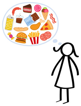 Strichmännchen, schlanke Frau, Heißhunger auf fettiges, ungesundes Essen. Kind will fasten, denkt an Pizza und Fast Food. Konzeptionelle Abbildung für Heißhunger, Appetit, ungesunde Ernährungsweise