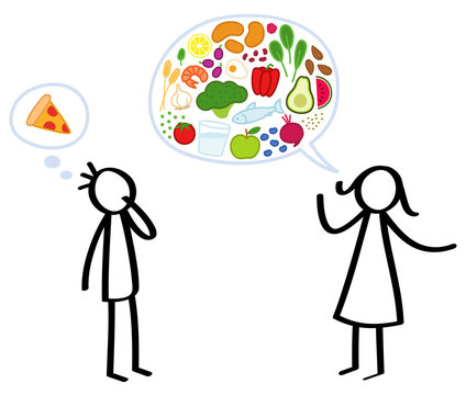 Strichmännchen, Frau mit Sprechblase gesunde Lebensmittel, Gemüse, Mann denkt an Pizza. Ernährungsberatung, Erziehung zu einer gesunden Ernährungsform