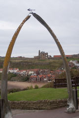 whitby abbey viewed through whalebone arch across river