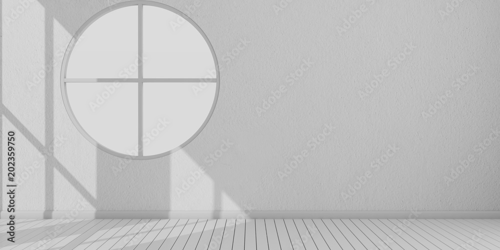 Poster 3d stimulate of white room interior and wood plank floor with sun light cast shadow on the window an