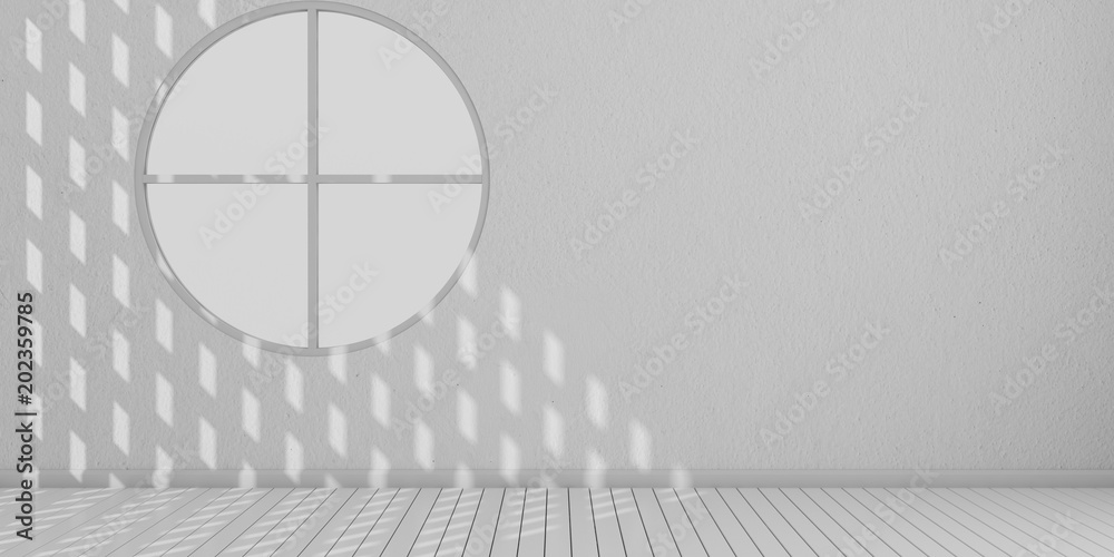 Poster 3d stimulate of white room interior and wood plank floor with sun light cast shadow on the window an