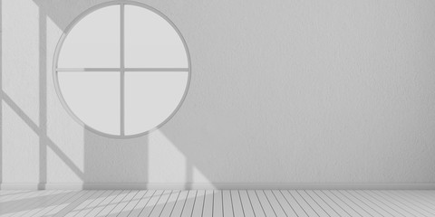 3D stimulate of white room interior and wood plank floor with sun light cast shadow on the window and round wall,Perspective of minimal design architecture	