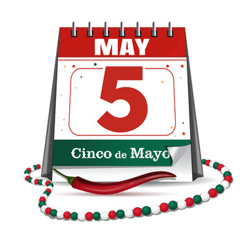 Cinco de Mayo. Annual celebration held on May 5. Holiday date in calendar. Federal holiday in Mexico. Desk calendar in the colors of the national flag of Mexico and red pepper. Vector illustration