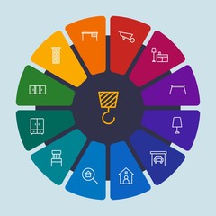 industry, buildings, furniture Infographic Circle outline Icons Set. Contains such Icons as  equipment,  building,  real,  work,  abstract,  table,  worker and more. Fully Editable. Pixel Perfect