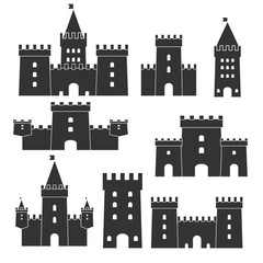 Medieval castle icon vector set. Castle tower silhouette in a flat style. Knights, royal, princess castle sign.