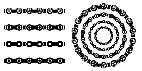 Monochrome set different type of metal motorcycle chains in silhouette style. Seamless shape, for graphic design of logo, emblem, symbol, sign, badge, label, stamp, isolated on white background. - obrazy, fototapety, plakaty