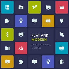 Modern Simple Set of location, folder, cursors Vector fill Icons. Contains such Icons as  data, music,  empty,  internet,  upload,  map, map and more on dark background. Fully Editable. Pixel Perfect