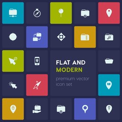 Modern Simple Set of location, folder, cursors Vector fill Icons. Contains such Icons as folder,  north, restaurant,  goal,  background,  web and more on dark background. Fully Editable. Pixel Perfect
