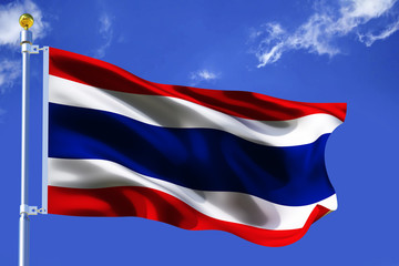 The silk waving flag of Thailand with a flagpole on a blue sky background with clouds .3D illustration.