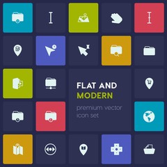 Modern Simple Set of location, folder, cursors Vector fill Icons. Contains such Icons as  interface,  planet,  student,  error,  globe,  sign and more on dark background. Fully Editable. Pixel Perfect