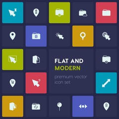 Modern Simple Set of location, folder, cursors Vector fill Icons. Contains such Icons as  data,  modern,  network, horizontal,  click,  point and more on dark background. Fully Editable. Pixel Perfect