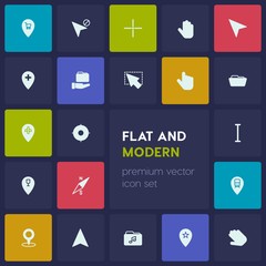 Modern Simple Set of location, folder, cursors Vector fill Icons. Contains such Icons as folder,  information, map,  map,  arrow,  sign,  pin and more on dark background. Fully Editable. Pixel Perfect