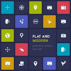 Modern Simple Set of location, folder, cursors Vector fill Icons. Contains such Icons as  pointer, restaurant,  click,  arrow,  map,  folder and more on dark background. Fully Editable. Pixel Perfect