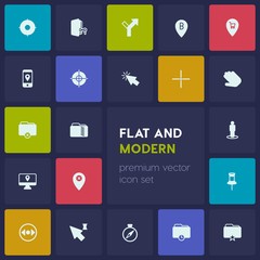Modern Simple Set of location, folder, cursors Vector fill Icons. Contains such Icons as  cursor, target, sign,  folder,  business,  game and more on dark background. Fully Editable. Pixel Perfect