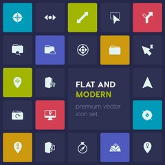 Modern Simple Set of location, folder, cursors Vector fill Icons. Contains such Icons as restaurant, music, sign,  point,  cursor,  map,  way and more on dark background. Fully Editable. Pixel Perfect