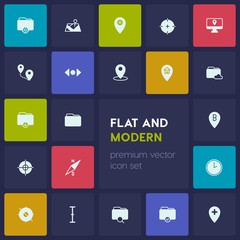 Modern Simple Set of location, folder, cursors Vector fill Icons. Contains such Icons as compass, horizontal,  file,  cursor, map, clock and more on dark background. Fully Editable. Pixel Perfect