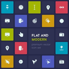 Modern Simple Set of location, folder, cursors Vector fill Icons. Contains such Icons as  pin,  hour,  goal,  hand,  global, time,  mouse and more on dark background. Fully Editable. Pixel Perfect