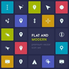 Modern Simple Set of location, folder, cursors Vector fill Icons. Contains such Icons as  multiple,  adventure,  travel,  gps,  pin,  mouse and more on dark background. Fully Editable. Pixel Perfect