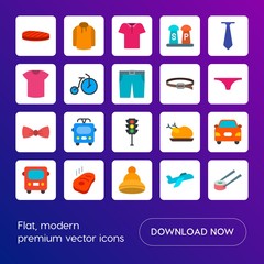 Modern Simple Set of transports, food, clothes Vector flat Icons. Contains such Icons as  polo,  closeup,  hat,  food,  airplane,  xmas and more on gradient background. Fully Editable. Pixel Perfect