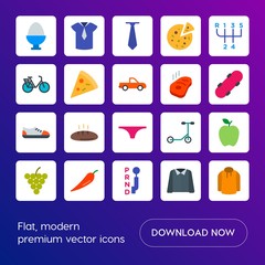 Modern Simple Set of transports, food, clothes Vector flat Icons. Contains such Icons as  bakery,  female,  young,  nature,  food, winter and more on gradient background. Fully Editable. Pixel Perfect