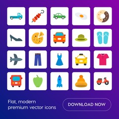 Modern Simple Set of transports, food, clothes Vector flat Icons. Contains such Icons as  paprika,  science,  race,  pepper,  kebab, meat and more on gradient background. Fully Editable. Pixel Perfect