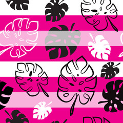 Monstera Leaf Seamless Pattern with Pink Stripes