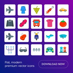 Modern Simple Set of transports, food, clothes Vector flat Icons. Contains such Icons as  car, vehicle,  spice,  sedan,  plane,  royal and more on gradient background. Fully Editable. Pixel Perfect