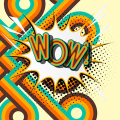 WOW – retro lettering with shadows, halftone pattern on retro poster  background. Vector bright illustration in vintage pop art style.