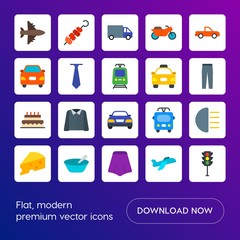 Modern Simple Set of transports, food, clothes Vector flat Icons. Contains such Icons as motorbike,  meal, meat,  green,  bus,  young and more on gradient background. Fully Editable. Pixel Perfect