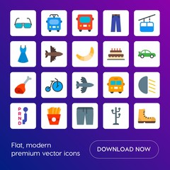 Modern Simple Set of transports, food, clothes Vector flat Icons. Contains such Icons as  bright, bus,  shoe,  travel,  square,  stick and more on gradient background. Fully Editable. Pixel Perfect
