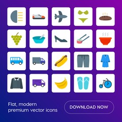 Modern Simple Set of transports, food, clothes Vector flat Icons. Contains such Icons as  sport,  female, circus,  vacation,  shirt, coat and more on gradient background. Fully Editable. Pixel Perfect