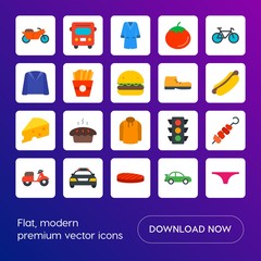 Modern Simple Set of transports, food, clothes Vector flat Icons. Contains such Icons as  safety,  motorcycle,  panties,  city, meat, car and more on gradient background. Fully Editable. Pixel Perfect