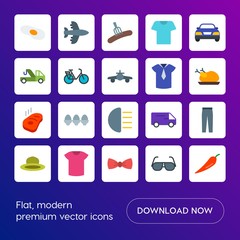 Modern Simple Set of transports, food, clothes Vector flat Icons. Contains such Icons as  tie,  car, transportation,  meal,  automobile and more on gradient background. Fully Editable. Pixel Perfect